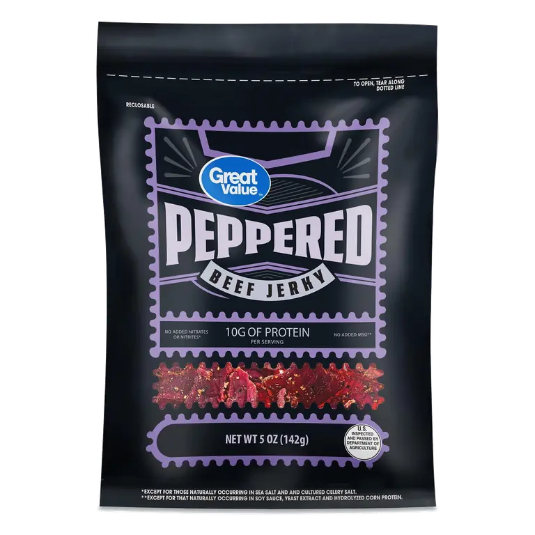 Great Value Peppered Beef Jerky 5 oz, high protein smoked beef snack with savory smoky flavor