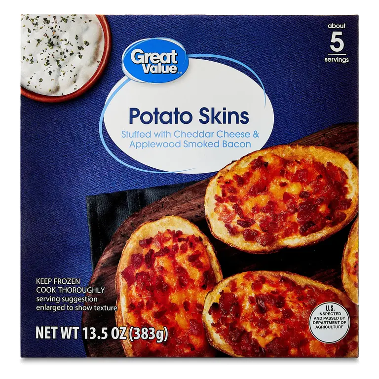 Great Value Potato Skins Frozen Appetizer 13.5oz with Cheddar Cheese and Applewood Smoked Bacon