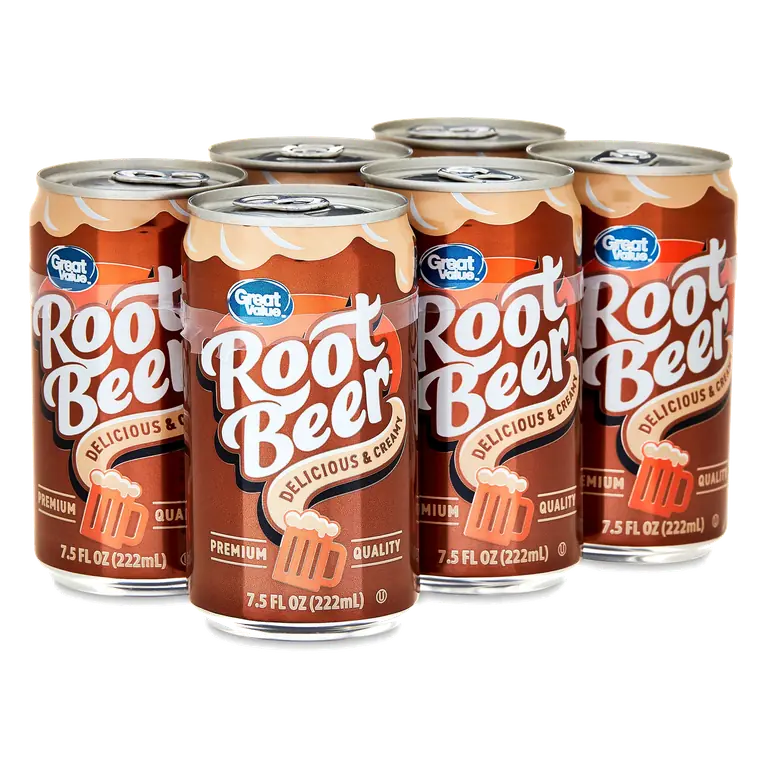 Great Value Root Beer Soda Pop 7.5 fl oz, 6 Pack Cans, Classic Carbonated Beverage