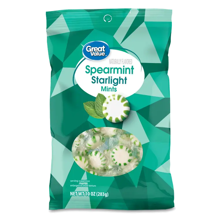 Great Value Spearmint Starlight Mints Hard Candy 10 oz Bag, Refreshing Mint Flavor