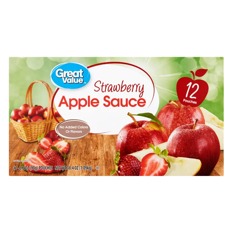 Great Value Strawberry Applesauce, 3.2 oz Pouches, 12 Count, Gluten Free, 50 Calories