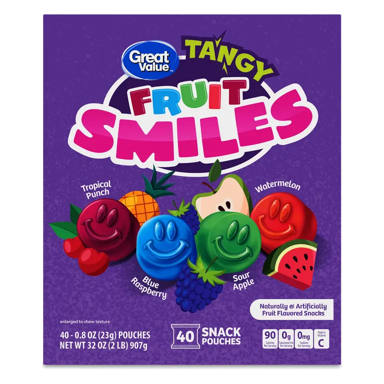 Great Value Tangy Fruit Smiles Snacks, 40 Count, Chewy Fruity Snacks with Vitamin C