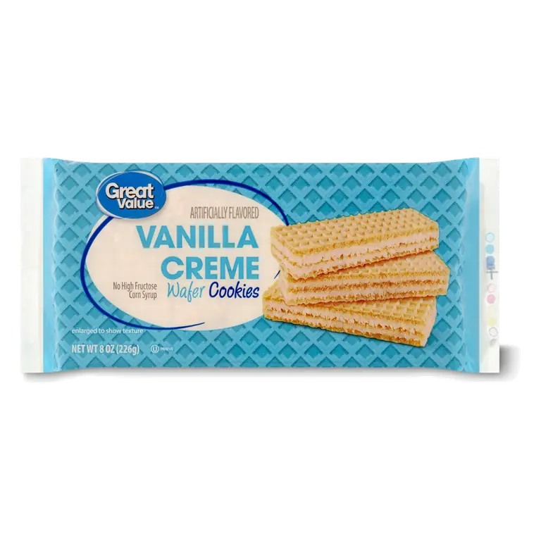 Great Value Vanilla Creme Wafer Cookies 8oz Crispy Light Snack with Delicate Wafers and Rich Creme Filling