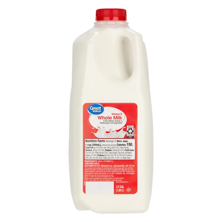 Great Value Whole Vitamin D Milk, Half Gallon, 64 fl oz, Grade A