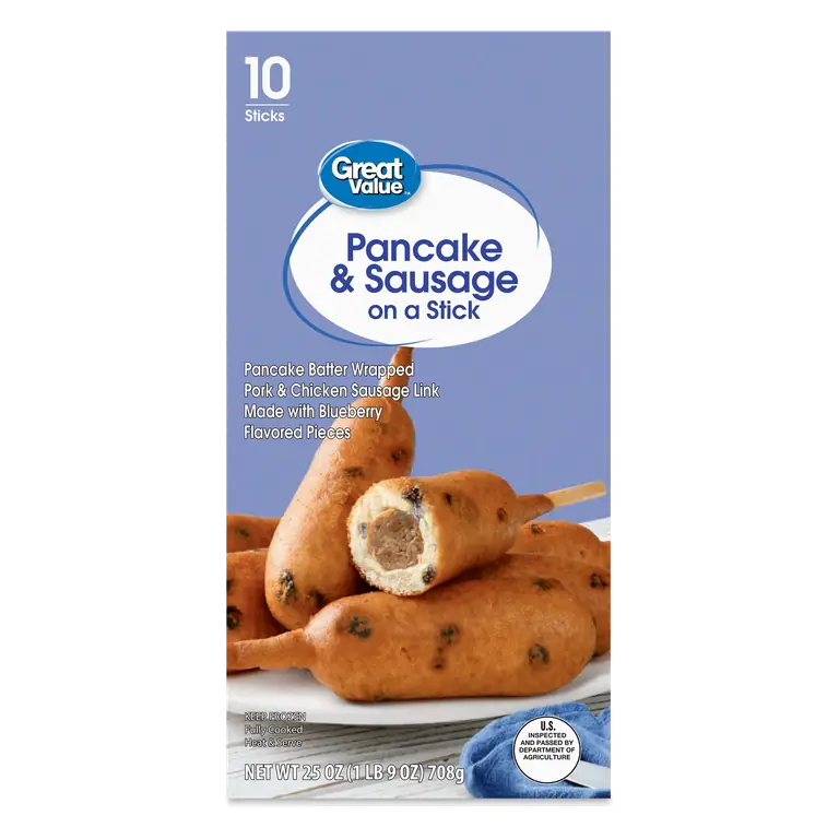 Pancake & Sausage Pancake Batter Wrapped Pork & Chicken Sausage Link Made with Blueberry Flavored Pieces On a Stick