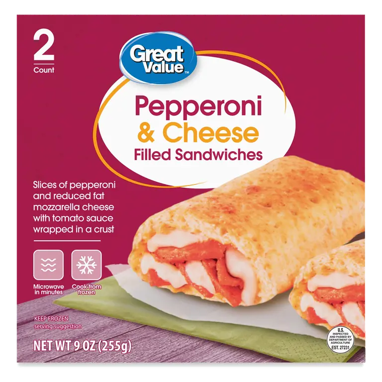 Pepperoni & Cheese Slices of Pepperoni and Reduced Fat Mozzarella Cheese with Tomato Sauce Wrapped in a Crust Filled Sandwiches
