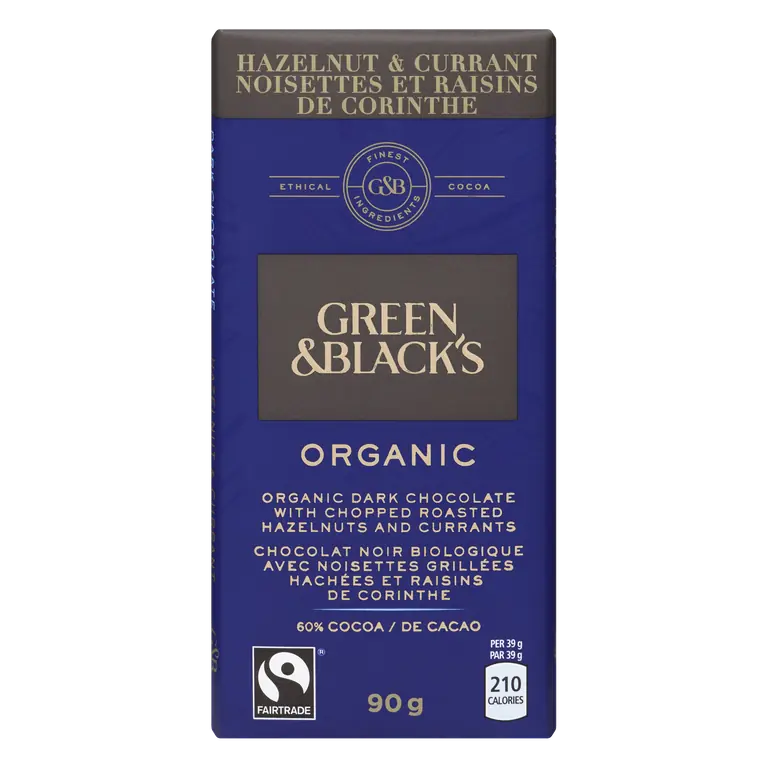 Organic Dark Chocolate Bar 60% Cocoa With Hazelnut And Currants 90 g