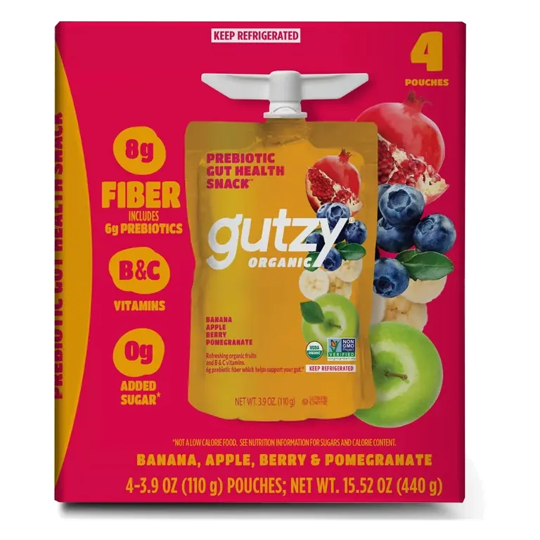 Gutzy Organic Banana Berry Pomegranate Prebiotic Gut Health Snack, 4pk/3.9oz Pouches