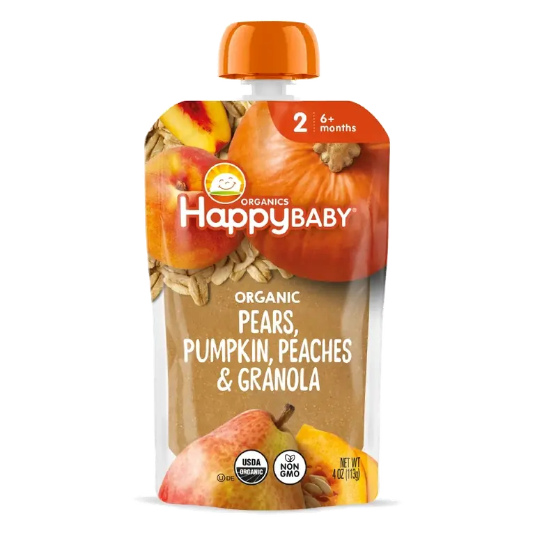 Happy Baby Organic Pears, Pumpkin, Peaches & Granola Baby Food Pouch, 4oz: For 6 Months & Up, 2nd Stage, Pureed, Ready to Eat