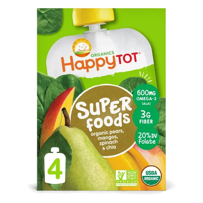 Happy Tot Super Foods Organic Pears, Mangos, Spinach & Chia, 4.22oz/4pk: Toddler, Pouch, Ready to Eat