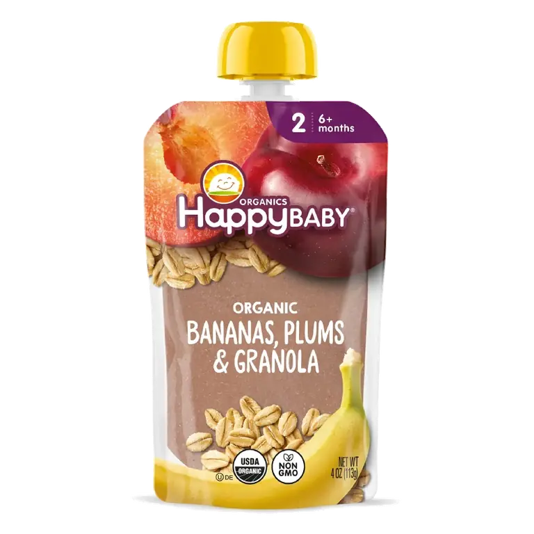 Happy Baby Organic Meals Bananas, Plums & Granola Baby Food Pouch, 4oz: Age 6 Months and Up, 2nd Stage, Gluten-Free, Ready to Eat