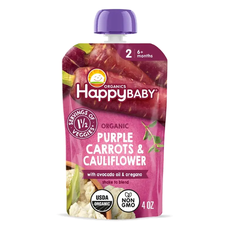 Happy Baby Organic Purple Carrots & Cauliflower with Avocado Oil & Oregano Baby Food Pouch, 4oz: 6 Months and Up, 2nd Stage, Pureed