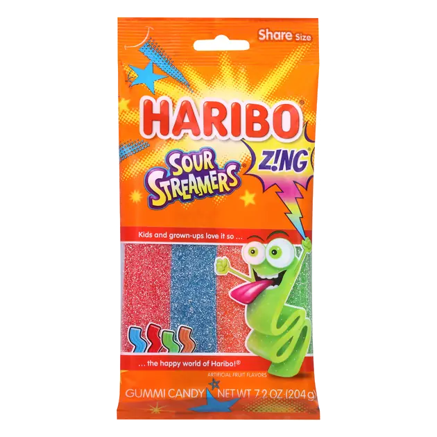 Sour Streamers Gummi Candy, Blue Raspberry; Cherry; Orange; Apple