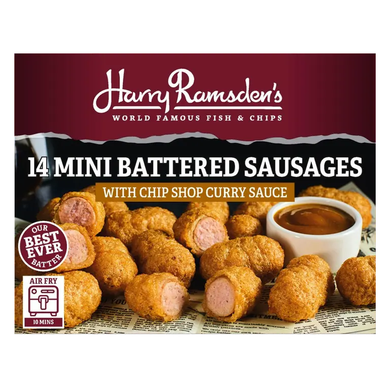 Harry Ramsden’s 14 (Approx.) Mini Battered Sausages With Chip Shop Curry Sauce 364g