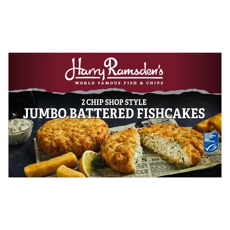 Harry Ramsdens 2 Chip Shop Style Jumbo Battered Haddock Fishcakes 300g