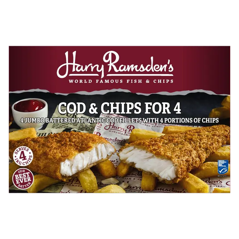 Harry Ramsdens 4 Jumbo Cod Fillets and 1kg of Chips for 4