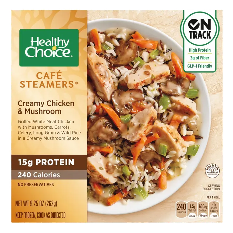 Creamy Chicken & Mushroom Grilled White Meat Chicken with Mushrooms, Carrots, Celery, Long Grain & Wild Rice in a Creamy Mushroom Sauce Cafe Steamers