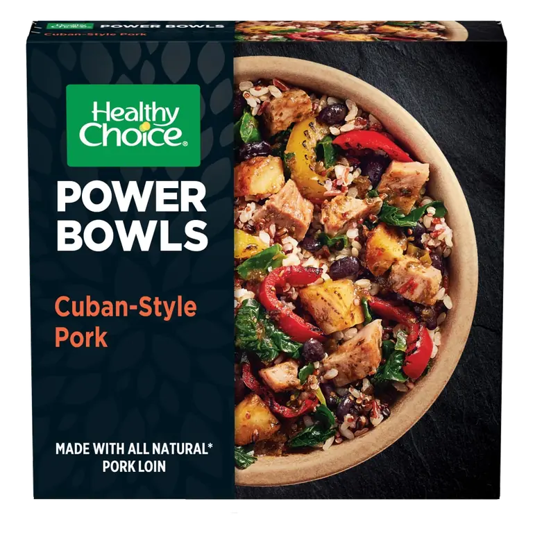 Cuban-Style Pork Tender Braised Pork Loin with Black Beans and Vegetables Served On Top of Brown & Red Rice, Red Quinoa and Black Barley with a Sofrito Sauce Power Bowls