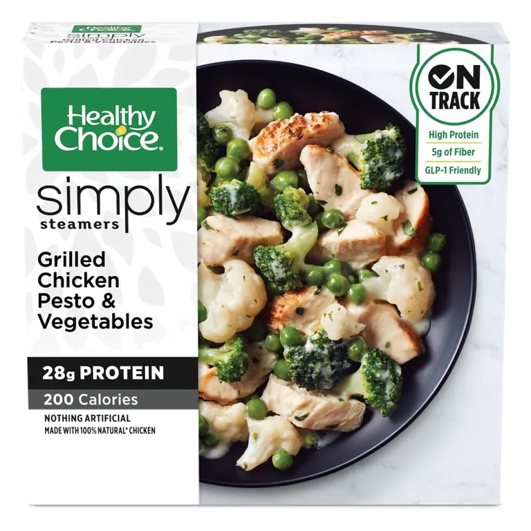 Grilled Chicken Pesto & Vegetables Chicken Breast, Broccoli, Cauliflower & Peas in a Creamy Basil Pesto Sauce Simply Steamers