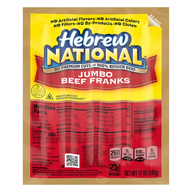 100% Kosher Jumbo Beef Franks - 4 ct