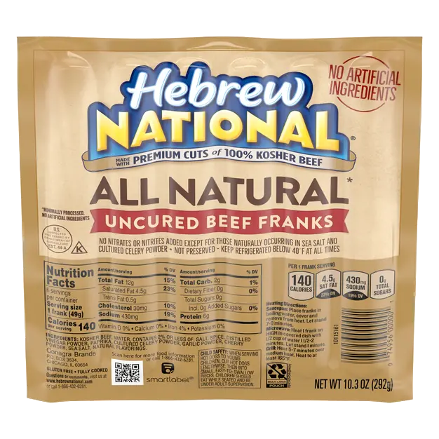 100% Kosher Natural Uncured Beef Franks - 6 ct