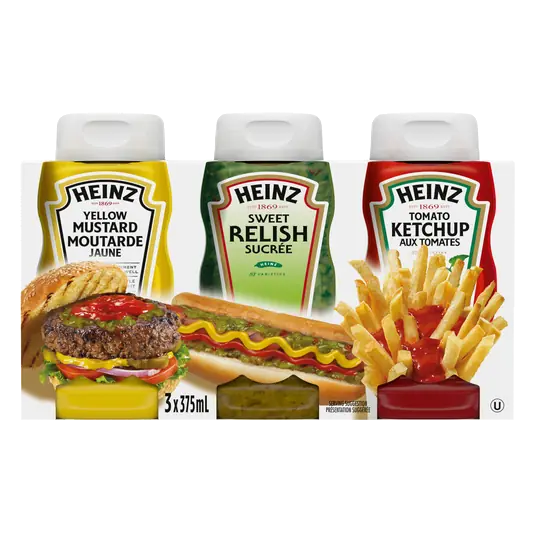 Condiment Pack Yellow Mustard Sweet Relish & Tomato Ketchup 3 x 375 ml