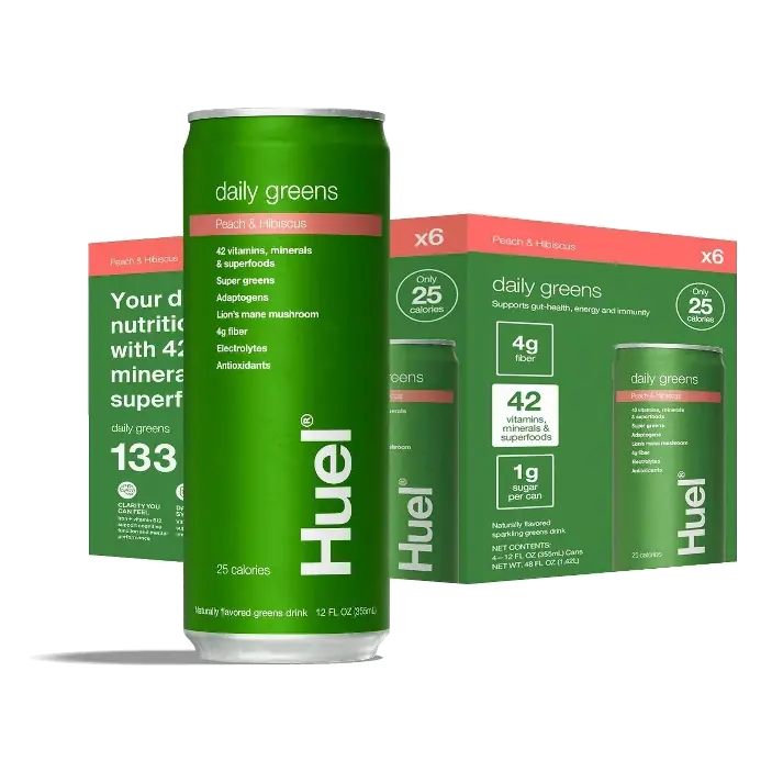 Huel RTD Daily Greens Peach Hibiscus Drink, 6pk/12 fl oz: Non-Caffeinated
