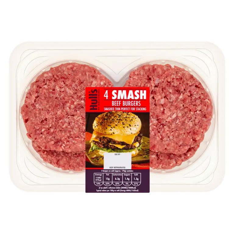Hull's of Ballymena 4 Smash Beef Burgers 340g