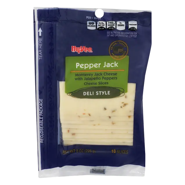 Pepper Jack Monterey Jack Deli Style Cheese Slices with Jalapeno Peppers