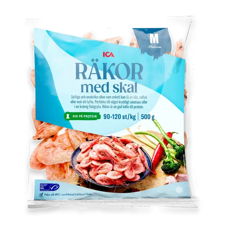 Räkor med skal 90/120 Fryst 500g MSC