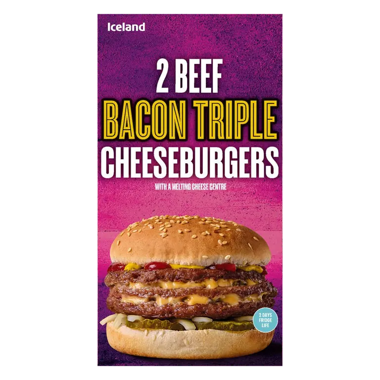 2 Beef Bacon Triple Cheeseburgers 354g