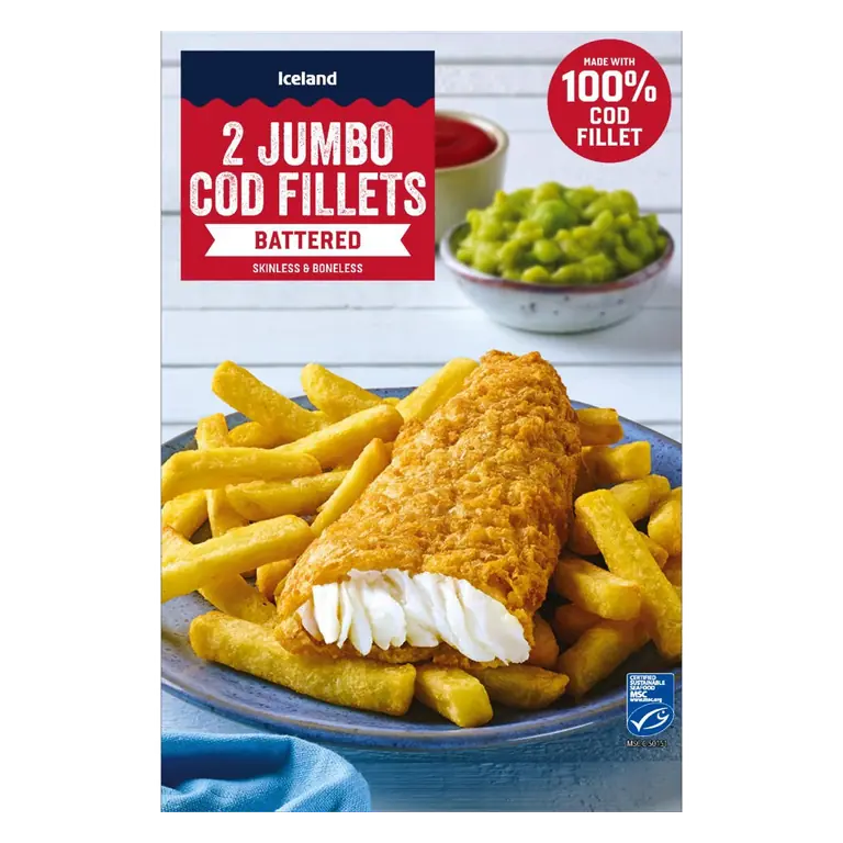 2 Jumbo Cod Fillets Battered Skinless & Boneless 410g
