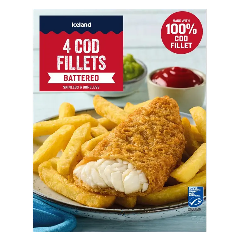 4 Cod Fillets Battered Skinless & Boneless 440g