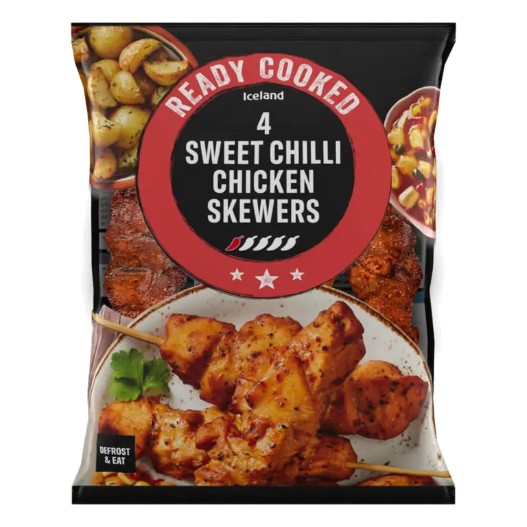 4pk Ready Cooked Sweet Chilli Chicken Skewers 340g