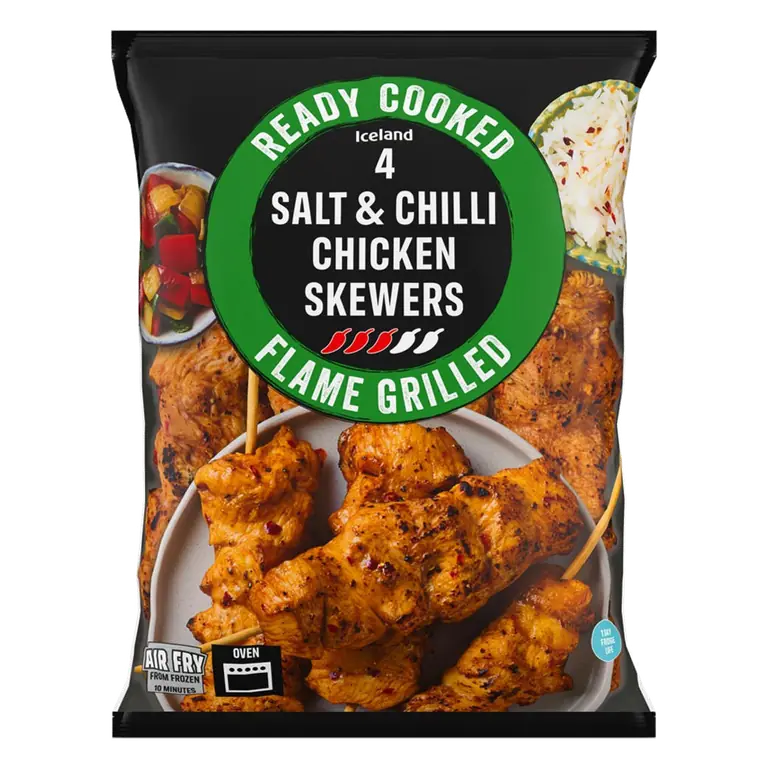 Ready Cooked 4 Flame Grilled Salt & Chilli Chicken Skewers 340g