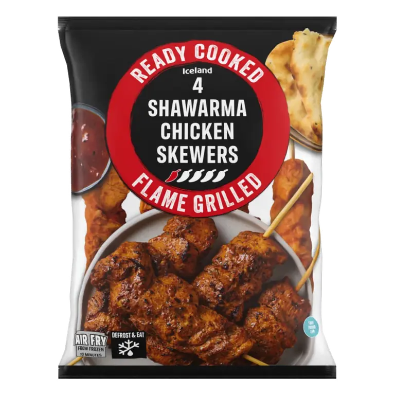 Ready Cooked 4 Flame Grilled Shawarma Chicken Skewers 340g