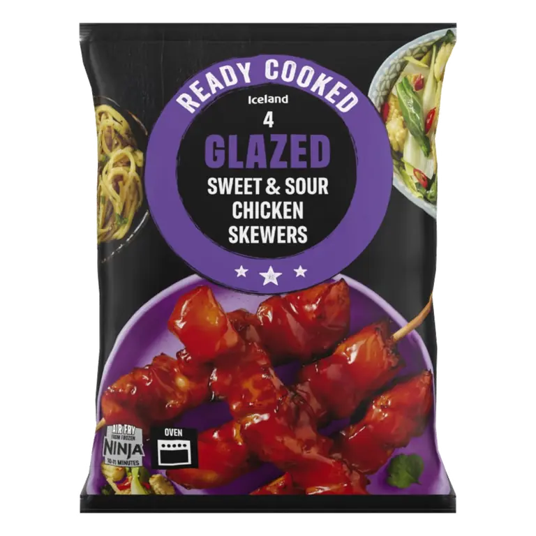 Ready Cooked 4 Sweet & Sour Glazed Chicken Skewers 340g