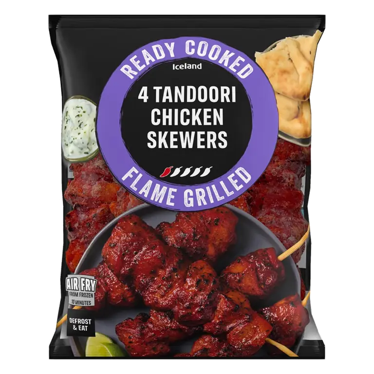 Ready Cooked Flame Grilled 4 Tandoori Chicken Skewers 340g