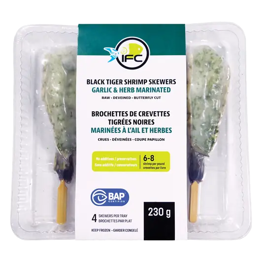 Frozen Black Tiger Shrimp Skewers Marinated Garlic & Herb 230 g