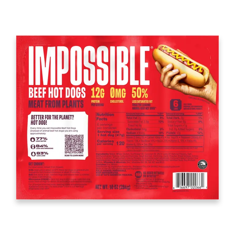 Beef Hot Dogs Meat From Plants, Fully Cooked, 6 Links, 10 oz