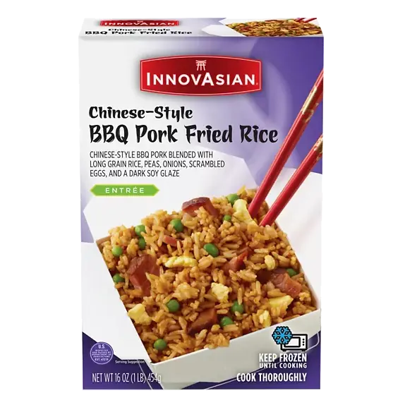Chinese-Style Bbq Pork Fried Rice Chinese-Style Bbq Pork Blended with Long Grain Rice, Peas, Onions, Scrambled Eggs, and a Dark Soy Glaze Entree