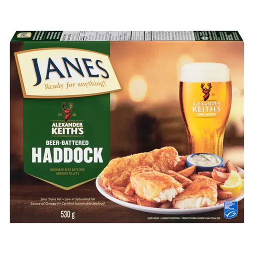 Alexander Keith's Frozen Uncooked Haddock Fillets Beer Battered 530 g
