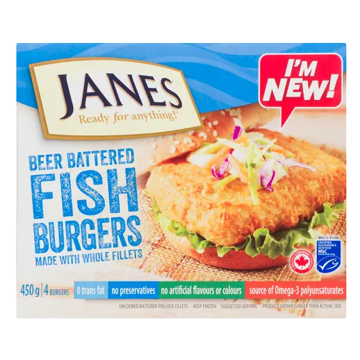 Beer Battered Uncooked Fish Burgers 450 g (frozen)