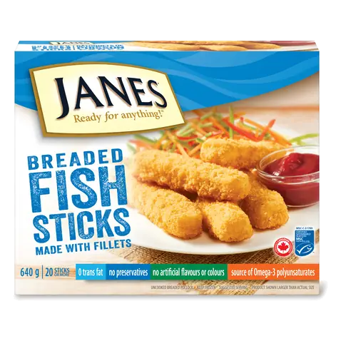 Jane's Frozen Uncooked Fish Sticks Pub Style 640 g