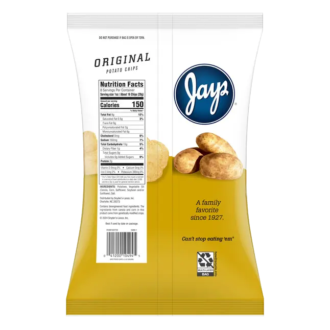 Jays Original Potato Chips, 8 Oz Bag