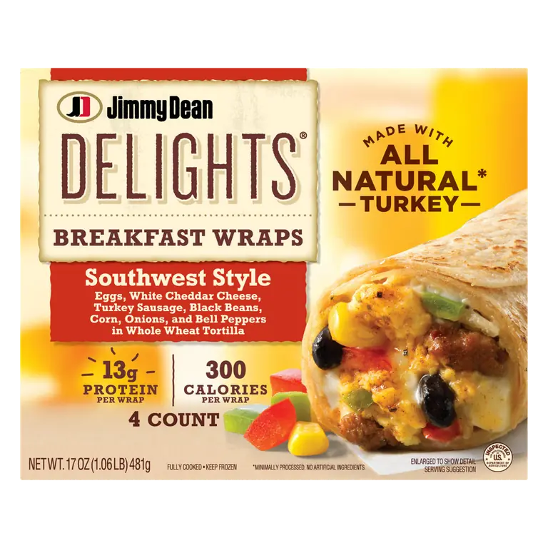 Southwest Style Eggs, White Cheddar Cheese, Turkey Sausage, Black Beans, Corn, Onions, and Bell Peppers in Whole Wheat Tortilla Breakfast Wraps