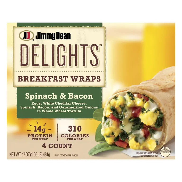Spinach & Bacon Eggs, White Cheddar Cheese, and Caramelized Onions in Whole Wheat Tortilla Breakfast Wraps