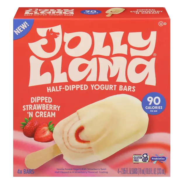 Jolly Llama Yogurt Bars, Half-Dipped, Dipped Strawberry 'N Cream, 4-2.65 fl oz