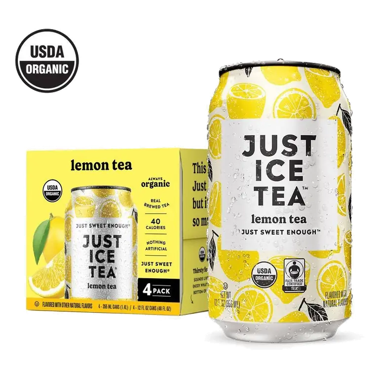 JUST ICE TEA Lemon Black Tea, 4pk/12 fl oz Cans: Organic, Fair Trade Certified