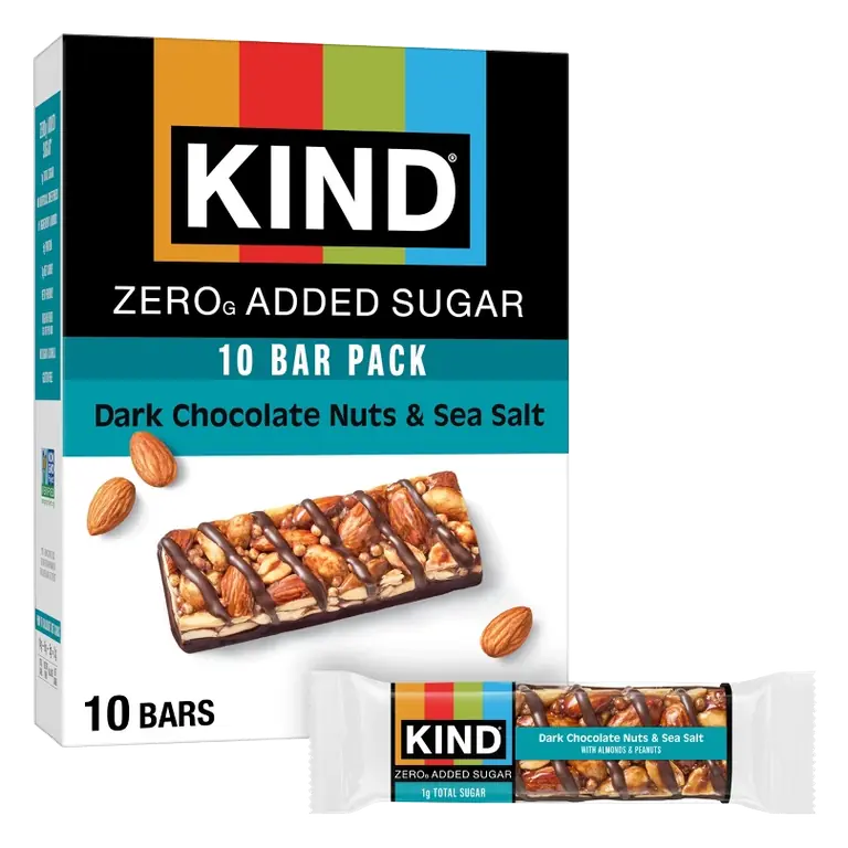 KIND Zero Added Sugar Dark Chocolate Nuts & Sea Salt Bars, 12oz/10ct